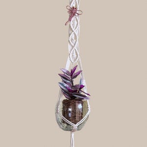 Ivory Macrame Plant Hanger with Removable Dragonfly: Handmade Indoor Pot Holder