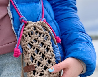 Handmade Macrame Phone Bag: Boho Crossbody Pouch with Adjustable Strap