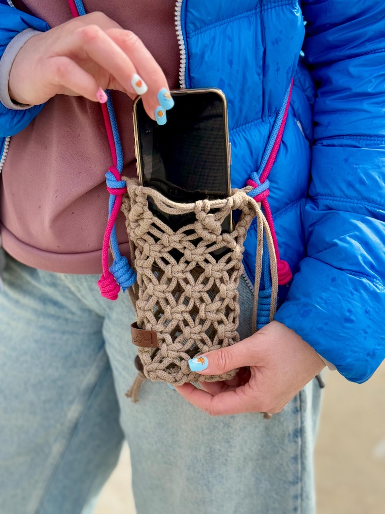 Close-up of natural macrame texture – fits most smartphones.