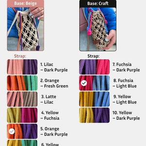 Unique macrame accessory for travel, festivals, or daily errands.
Color variations (Base + Strap).