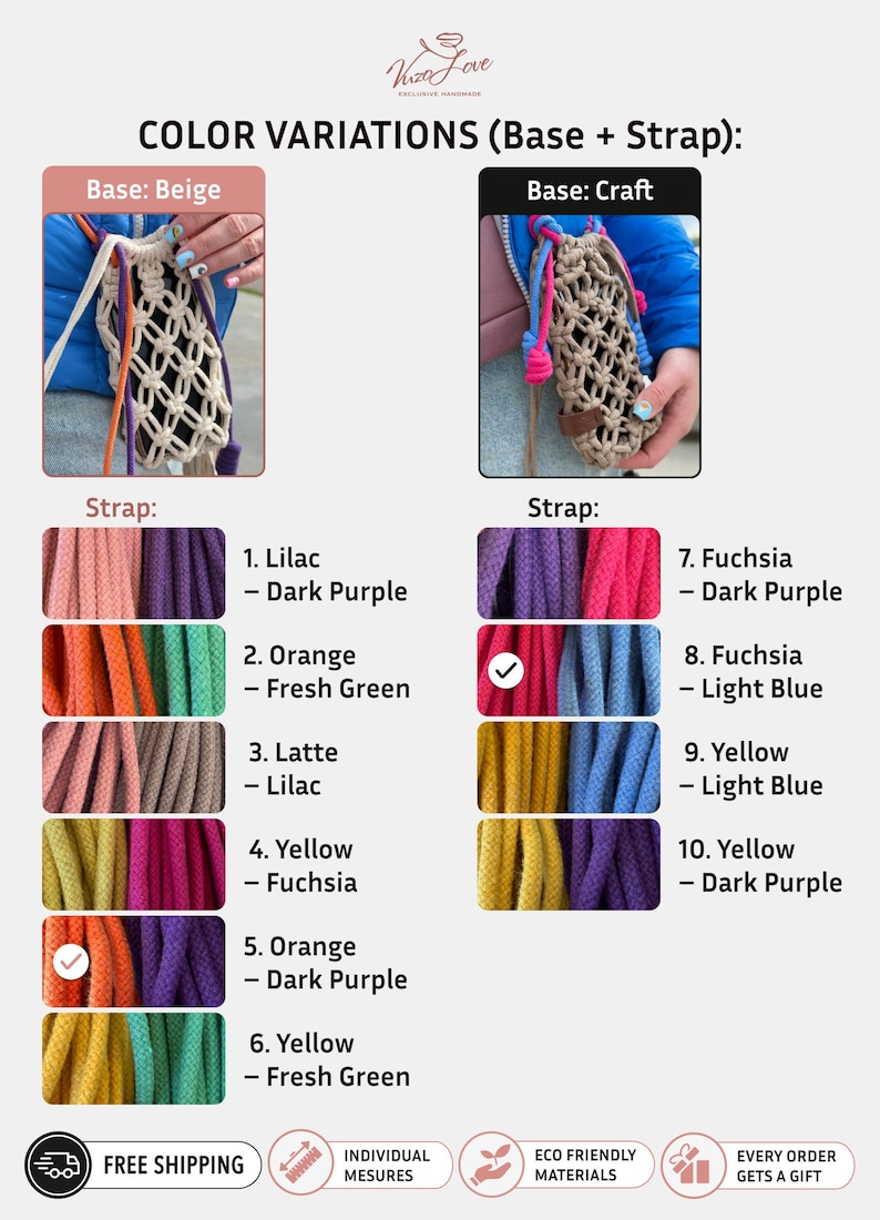 Unique macrame accessory for travel, festivals, or daily errands.
Color variations (Base + Strap).