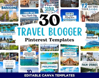 30 Travel Blogger Pinterest Templates: Editable Canva Pins (Digital Download)