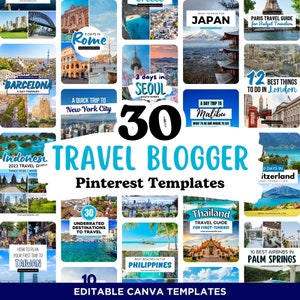 30 Travel Blogger Pinterest Templates: Editable Canva Pins (Digital Download)