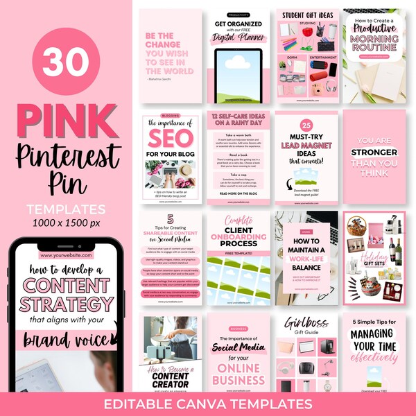 Bold Pink Pinterest Pins. Pink Canva Template. That Girl Templates. Pink Pinterest Templates for Bloggers, Coaches, and Content Creators.