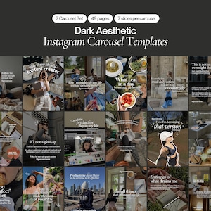 Puede incluir: Una colección digital de plantillas de carrusel para Instagram con una estética oscura. El conjunto incluye 7 diseños de carrusel, con un total de 49 páginas y 7 diapositivas por carrusel. La vista previa muestra imágenes, textos y diseños.