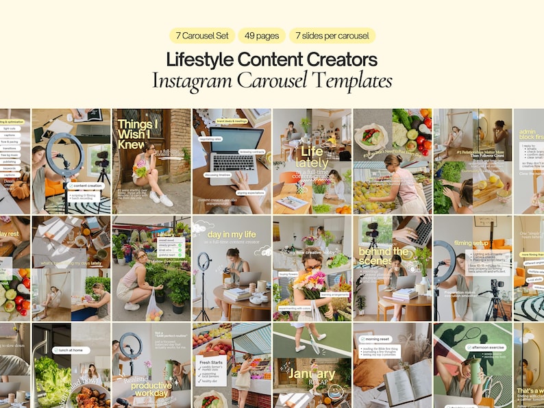 May include: A digital collection of 49 Instagram carousel templates for lifestyle content creators, organized into 7 sets with 7 slides each. The display features various photographic scenes of daily activities, text overlays, and graphic design elements.