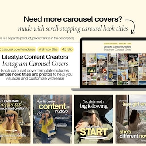 May include: A digital product display featuring 20 carousel cover templates for Instagram. The graphic includes text such as Lifestyle Content Creators Instagram Carousel Covers, viral hook titles, and 4:5 ratio, shown on a laptop screen.