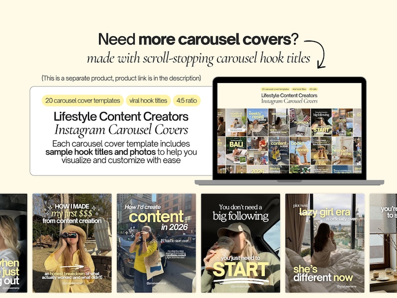 May include: A digital product display featuring 20 carousel cover templates for Instagram. The graphic includes text such as Lifestyle Content Creators Instagram Carousel Covers, viral hook titles, and 4:5 ratio, shown on a laptop screen.