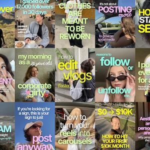 May include: A collage of fifteen social media posts featuring various lifestyle scenes, including outdoor landscapes, car interiors, and indoor settings, overlaid with bold yellow, white, and light blue text providing advice on content creation.