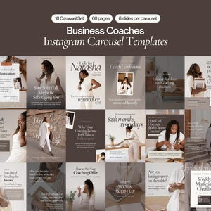 May include: A set of 10 Instagram carousel templates for business coaches, featuring 60 pages total with 6 slides per carousel. The design uses a neutral brown color palette with serif typography and includes various layouts for text and imagery.
