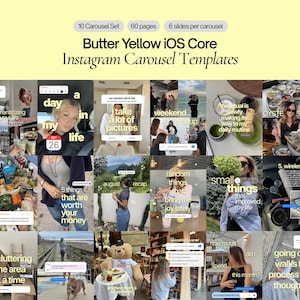 Könnte beinhalten: Eine digitale Sammlung von Butter Yellow iOS Core Instagram Carousel Templates mit 10 Sets, 60 Seiten und 6 Folien pro Karussell. Die Anzeige zeigt verschiedene Lifestyle-Fotos mit überlagerten Textfeldern und Social-Media-Elementen.