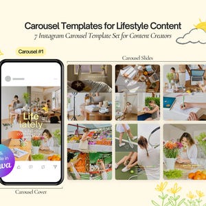 May include: A digital set of 7 Instagram carousel templates for content creators, featuring a smartphone display showing a 'Life lately' cover and multiple lifestyle photo slides. The design includes a '100% Editable in Canva' badge.