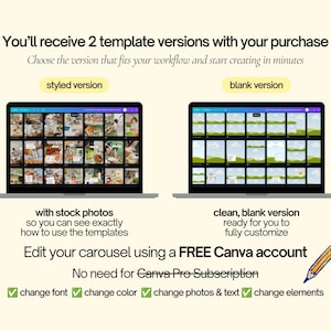 May include: Two laptop screens displaying digital carousel templates. The left screen shows a styled version with stock photos, and the right screen shows a blank version. Text includes: You'll receive 2 template versions with your purchase, Edit your carousel using a FREE Canva account, change font, change color, change photos & text, change elements.