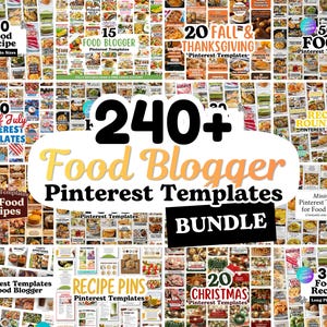 Può includere: Un collage di modelli Pinterest per food blogger, con vari temi di ricette e stagionali. L'immagine include sovrapposizioni di testo come "240+ Food Blogger Pinterest Templates BUNDLE" e "Recipe Pins".