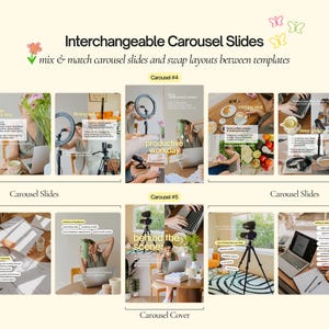May include: A digital template set titled Interchangeable Carousel Slides featuring mix and match layouts. The image displays two distinct carousel examples, labeled Carousel #4 and Carousel #5, showcasing various photography and lifestyle scenes.