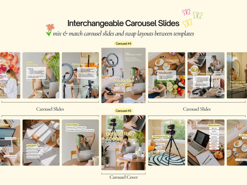 May include: A digital template set titled Interchangeable Carousel Slides featuring mix and match layouts. The image displays two distinct carousel examples, labeled Carousel #4 and Carousel #5, showcasing various photography and lifestyle scenes.