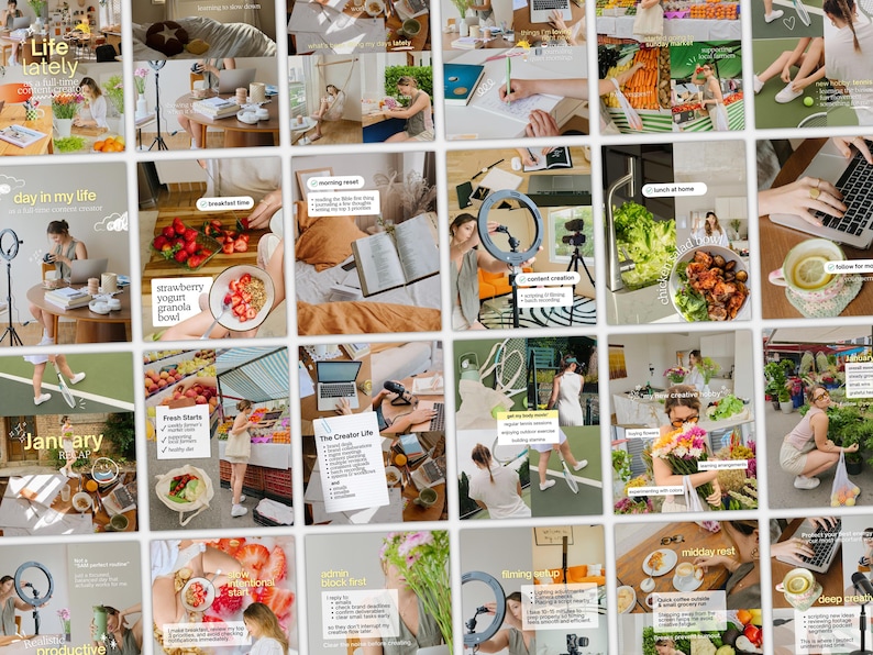 May include: A digital collage of lifestyle photographs featuring a person engaged in daily activities, including working on a laptop, preparing food, exercising, and arranging flowers, with overlaid text labels describing various routines and tasks.
