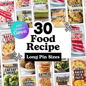 Puede incluir: Un collage de 30 gráficos de recetas de cocina en formato de pin largo. Las recetas incluyen pastel de terciopelo rojo, pasta feta, tarta de queso matcha y alitas de pollo con parmesano y ajo. El texto "30 Food Recipe Long Pin Sizes" se muestra.