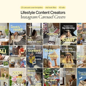 Puede incluir: Una colección de 20 plantillas digitales de portadas de carrusel para Instagram con temas de estilo de vida. La cuadrícula muestra varias imágenes con texto superpuesto como 'Lifestyle Content Creators', 'Instagram Carousel Covers' y títulos virales.