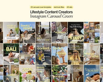 May include: A collection of 20 digital carousel cover templates for Instagram, featuring lifestyle content themes. The grid displays various images with overlaid text such as 'Lifestyle Content Creators', 'Instagram Carousel Covers', and viral hook titles.