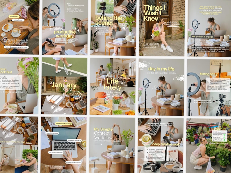 May include: A collection of fifteen social media post images featuring a content creator working with a laptop, ring light, camera, and microphone. The images include text overlays such as Things I Wish I Knew, January Recap, and My Simple Content Workflow.