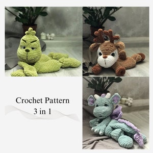 May include: Crochet pattern for three plush toys: a green Grinch-like creature, a brown deer, and a green and purple dragon. The pattern is titled "Crochet Pattern 3 in 1".