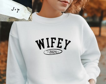Personalized Wifey Sweatshirt, Custom Wedding Gift for Bride Crewneck, New Wife Sweater, Unique Bridal Shower Shirt, Mrs Newlywed Sleeve