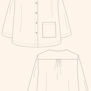 Pu&ograve; includere: Un disegno a linea di una camicia con un davanti abbottonato e una tasca a toppa sul lato sinistro. La camicia ha una schiena arricciata.