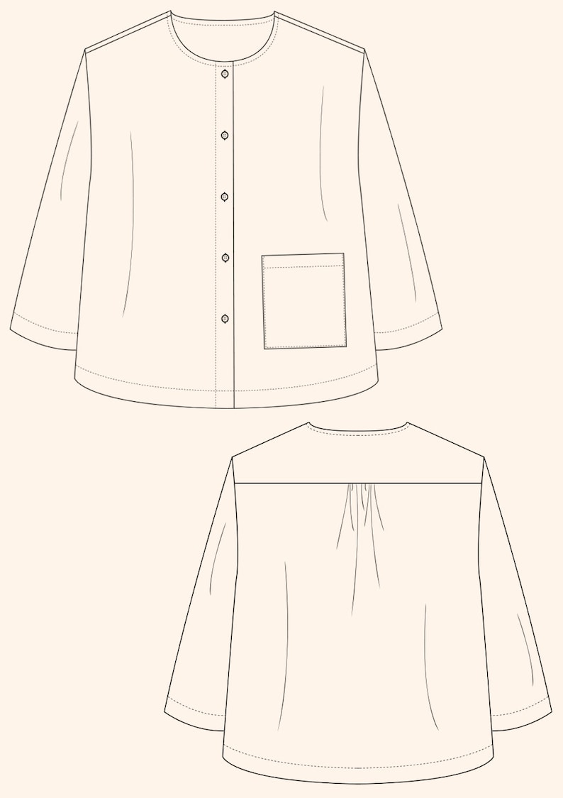 Pu&ograve; includere: Un disegno a linea di una camicia con un davanti abbottonato e una tasca a toppa sul lato sinistro. La camicia ha una schiena arricciata.