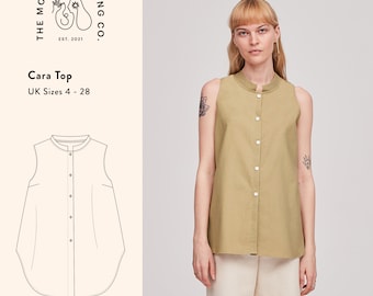 Peut inclure: Un haut sans manches à boutons avec un col mandarin. Le haut est de couleur vert clair et a une ourlet arrondi. Le texte "Cara Top" et "UK Sizes 4 - 28" est imprimé sur l'image.