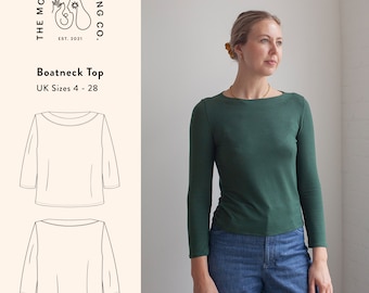 Boatneck Top, PDF Sewing Pattern, Uk size 4-28, US 0-24, EU 32-56