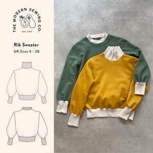May include: Two rib knit sweaters, one green and one yellow, with white ribbed trim around the neck and cuffs. The sweaters are folded and laid on a gray surface. The text "THE MODERN SEWING CO. EST. 2021" and "Rib Sweater UK Sizes 4 - 28" is visible on a white background.