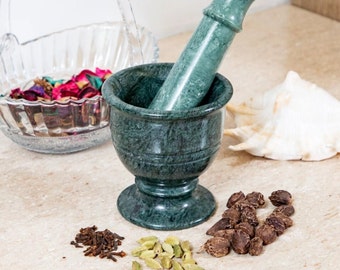 Deep Sea Green Mortar and Pestle Herb and Spices Small Solid Made Green Marble Traditional Style Gift Dad Cooking Chef Kitchen Cookware