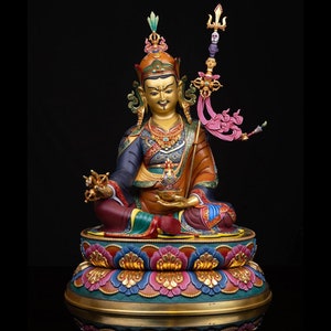 24K Gold Gilded Guru Rinpoche Statue: Tibetan Buddhist Art (19.29&quot;)