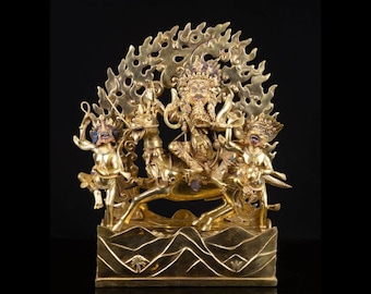 24K Gold Gilded Palden Lhamo Statue: Tibetan Buddhist Protector