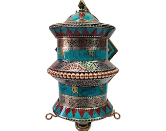 Handmade Tibetan Table Prayer Wheel: Copper & Wood