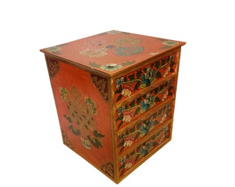 Nepalese Hand-Carved Wooden Chest of Drawers | 4 Drawer Storage Cabinet | Buddhist Symbols Of Treasure Box | Crafted by skilled artisans