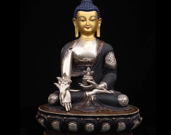 24K Gold Gilded Medicine Buddha Statue: Oxidized Copper, Silver Accents