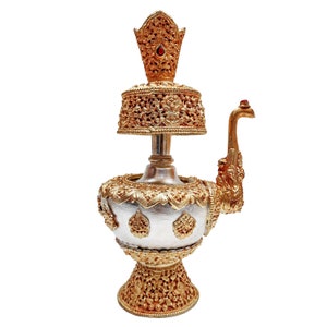 Handmade Buddhist Bhumpa | Bhumba offering Bowl Set | Handcrafted Bhumba Set for Rituals and Decor | Partly Gold Plated | Stone Setting