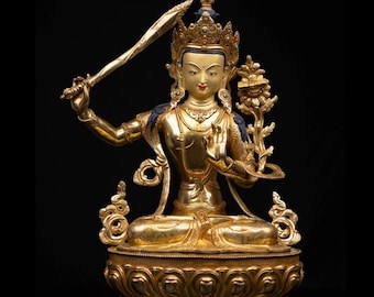 24K Gold Gilded Manjushree Statue: Bodhisattva of Wisdom (19.2")