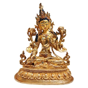 Handcrafted 24K Gold Gilded White Tara Statue: Tibetan Meditation Sculpture