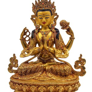 Handmade Tibetan Buddhist Of  Chenrezig Statue | Avalokiteshvara Idol Gold Plated Copper Statue | 24K Gold Gilded And  Stone Setting