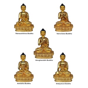 Tibetan Pancha Buddha Statue Set: 24K Gold Gilded, Stone Setting