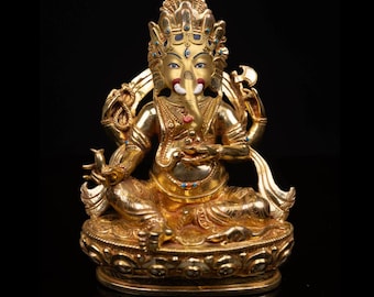 24K Gold Gilded Ganesh Statue: Intricately Carved Elephant God Sculpture