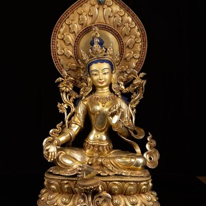 Master Quality Green Tara Statue With Crown | 24K Gold Gilded With Stone Setting | Handmade in Nepal