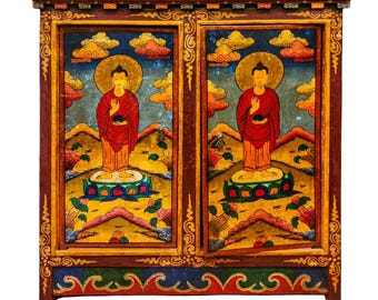 Hand-Painted Tibetan Cabinet | Buddha Shrine Two-Door Storage | Buddhist Altar Furniture
