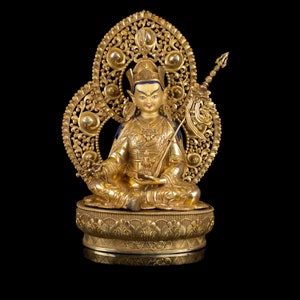 High Quality Padmasambhava Statue | Guru Rinpoche with Lotus Frame | 24K Gold Gilded with a Symbol of Spiritual Guidance
