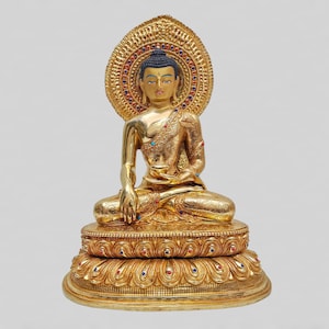 24K Gold Gilded Shakyamuni Buddha Statue with Stone Setting