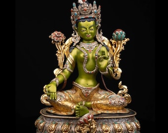 24K Gold Gilded Green Tara Statue: Copper Body, Acrylic Paintings (15.7")
