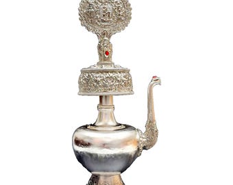 Handmade Silver Plated Bhumpa Offering Bowl Set: Tibetan Altar Decor